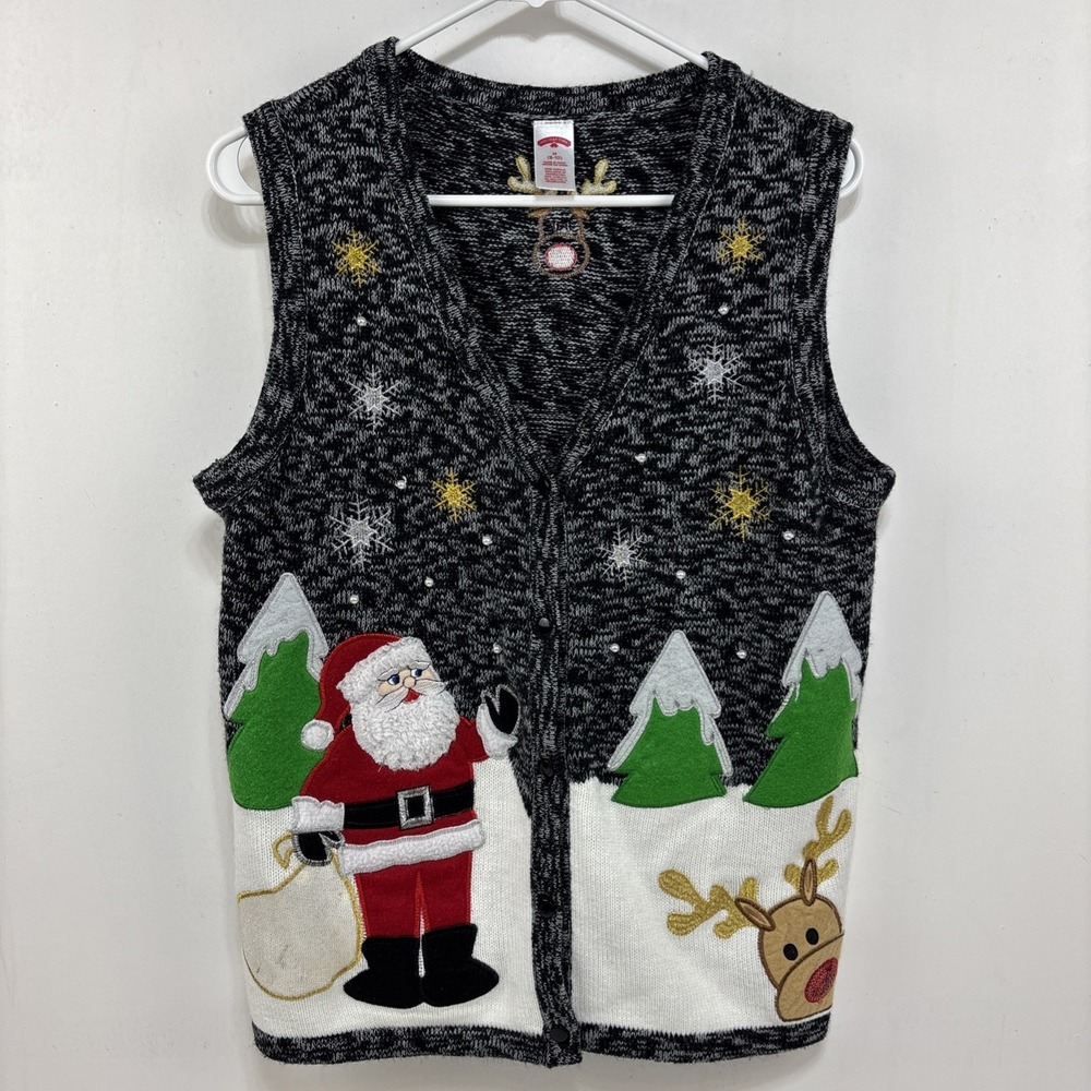 Holiday Time Sweater Vest Womens M Black White Ugly Christmas Santa Reindeer Exc
